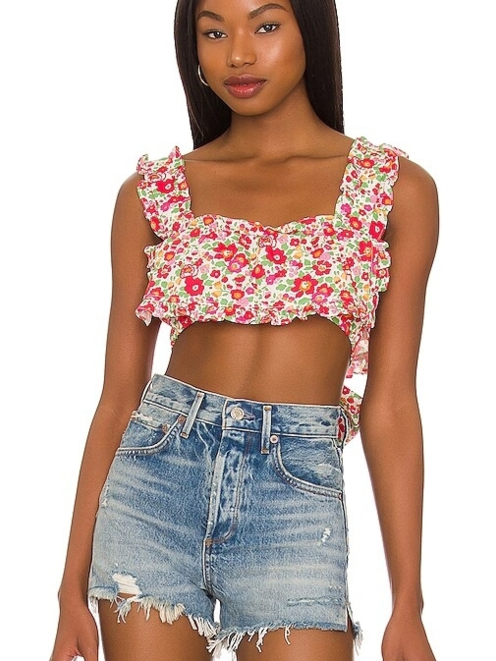 RETAIL 150 FOR LOVE AND LEMONS Floral Ruffle Crop Top - Pink Multi